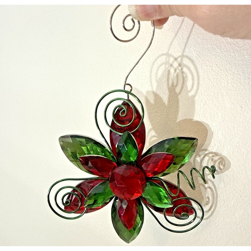 Vintage Holiday Poinsetta Glass Red and Green 6 Pt. Star Christmas Ornament